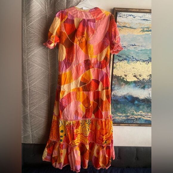 FARM RIO Patch Twirl Midi Dress Puff Sleeve Sz M Multicolor Drawstring Tie Neck - Picture 4 of 15